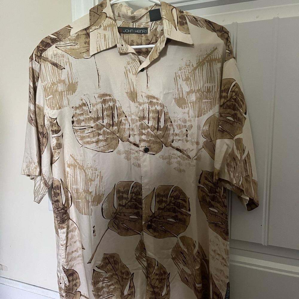 Cream and Brown Casual Button Down Shirt with Vintage Print Palm